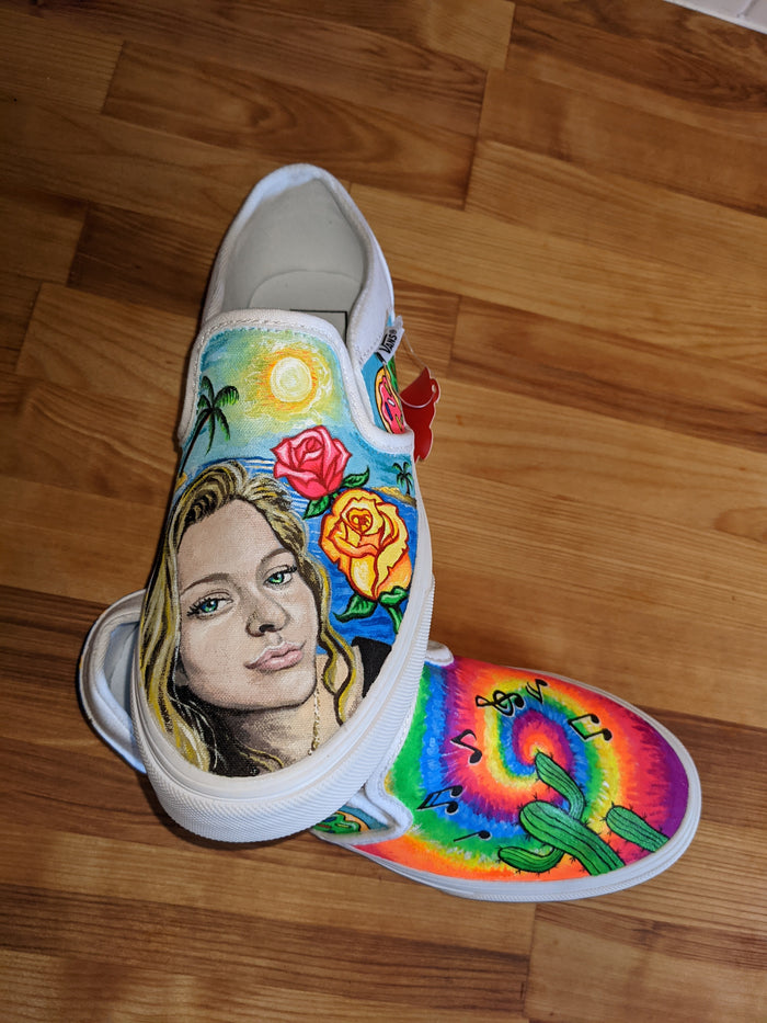 Portrait and tie-dye slip-ons