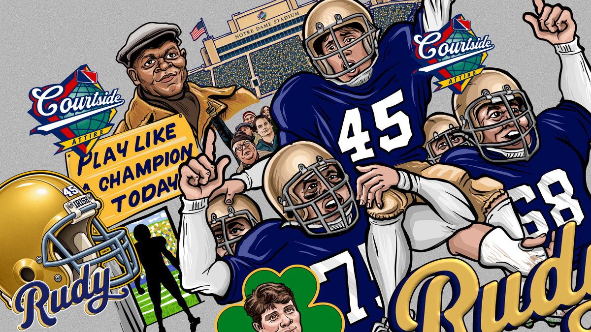 Rudy shirt back design: hand-drawn ride off the field
