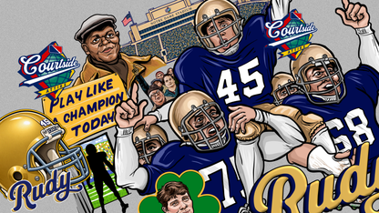 Rudy shirt back design: hand-drawn ride off the field
